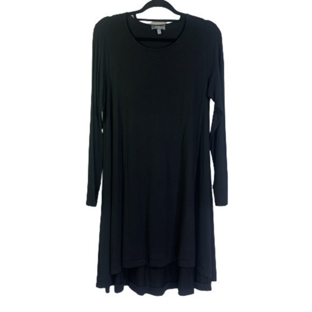NEIMAN MARCUS Black Long Sleeve‎ Scope Neck Hi-Lo Super Soft Mini Tunic Dress